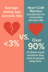 Infographic comparing average dating app success rate under 3% with HeartCraft Matches’ verified matchmaking success rate of over 90% for long-term connections