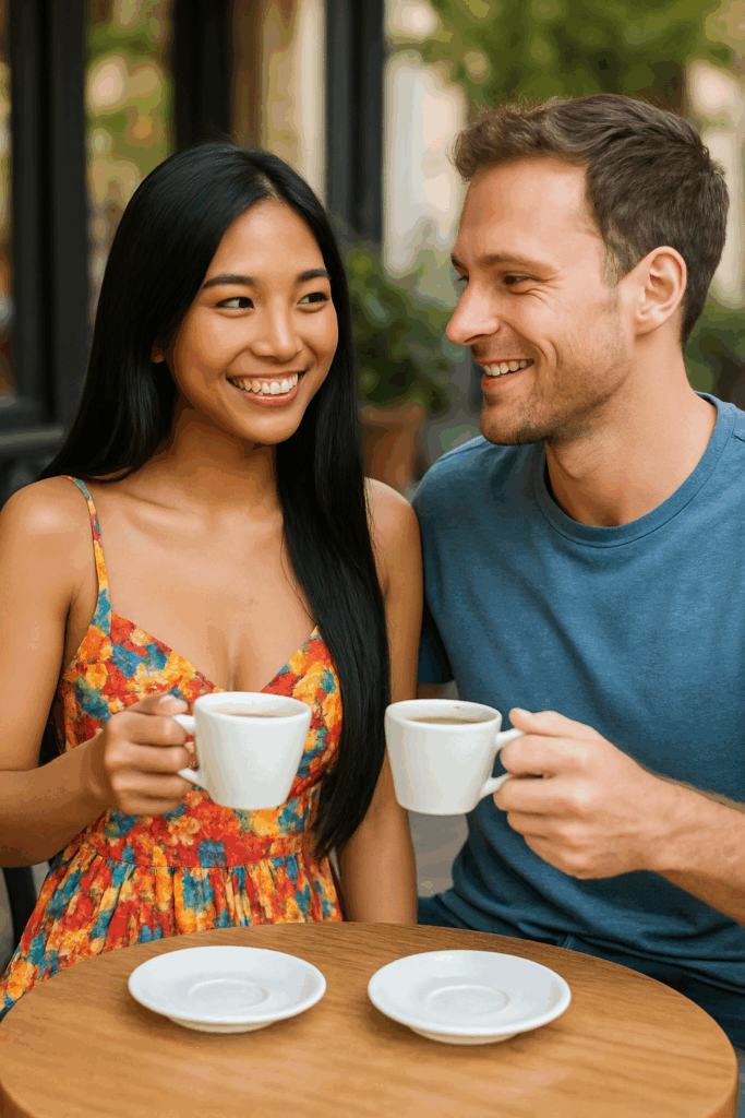 Smiling interracial couple enjoying a coffee date, representing a successful match made through HeartCraft Matches’ verified international matchmaking service.
