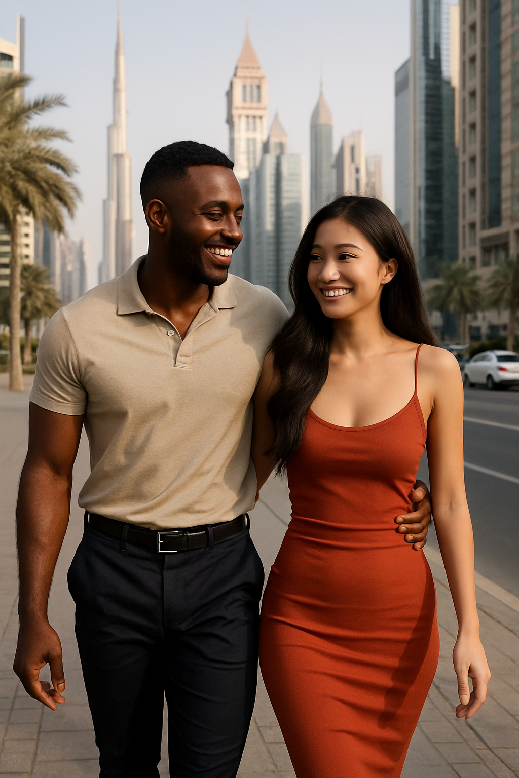 Stylish interracial couple walking together in a modern city, representing a successful international relationship through Heart Craft Matches’ premium matchmaking service.