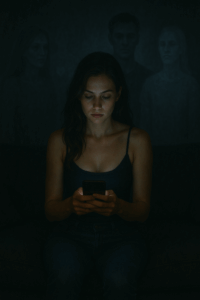 Woman alone in the dark looking at her phone, symbolizing the emotional exhaustion and loneliness caused by dating app culture and ghosting.